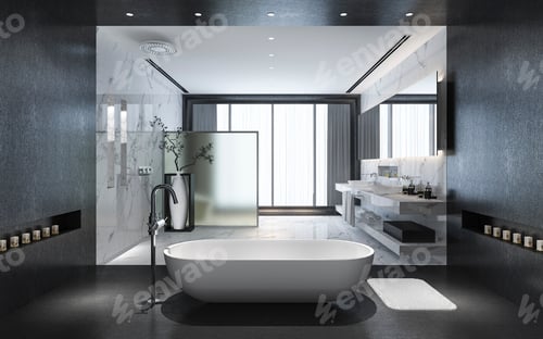 Preview: modern black stone bathroom with luxury tile decor with nice nature view from window