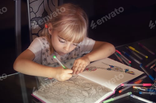 Preview: Cute little girl paint colouring book with multicoloured pens.