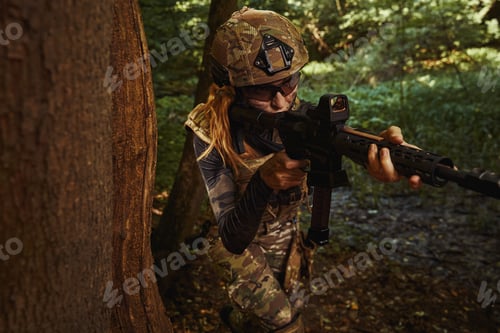 Preview: Female person disguiseing for special operation in forest