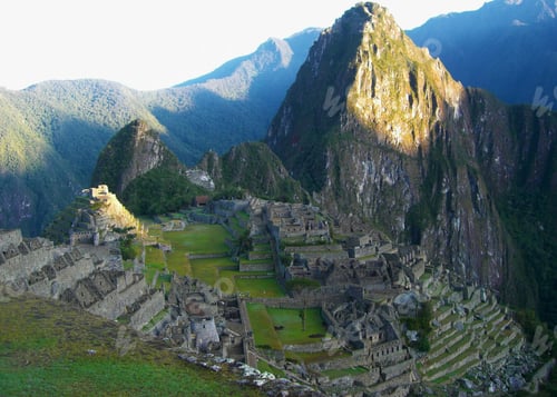 Preview: High angle shot of the beautiful Machu Picchu citadel in the Andes Mountains in Aguas, Peru
