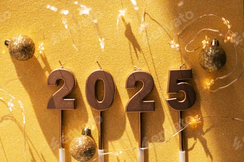 Preview: Golden New Year 2025 candles with stars, lights and gold balls lie on a gold background.