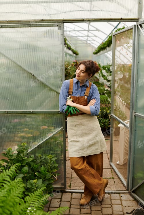 Preview: Young woman embraces her passion for gardening in a vibrant greenhouse setting