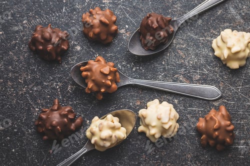 Preview: Chocolate truffles. Sweet pralines on black table.