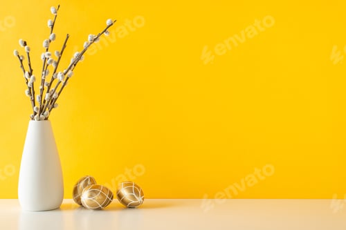 Preview: Easter-themed modern kitchen look, presenting side view table with golden eggs
