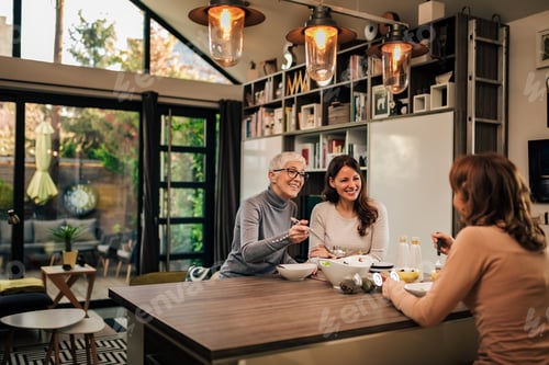 Preview: Family dinner. Senior mother and two daughters having meal together at modern home.