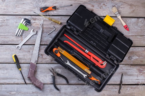 Preview: Set of construction tools on wooden background