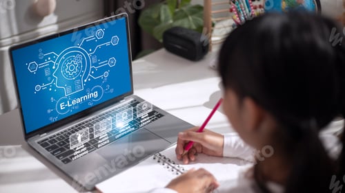 Preview: Education technology concept. Schoolgirl learning in the room. Online school.