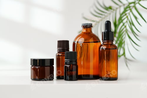 Preview: Collection of Amber Glass Bottles and Jars for Essential Oils on a White Surface