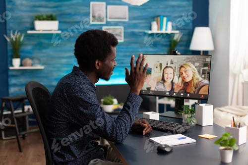Preview: Black student greeting remote friends enjoying freetime