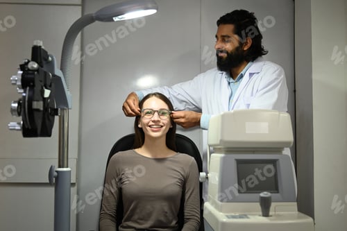 Preview: Professional optician helping young woman choosing spectacles glasses.