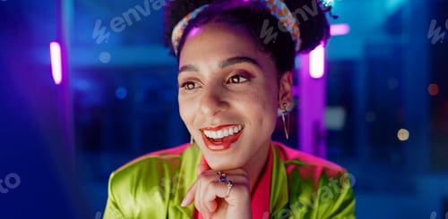 Preview: Woman, night and excited in office with neon, tablet or scroll for reading with problem solving at