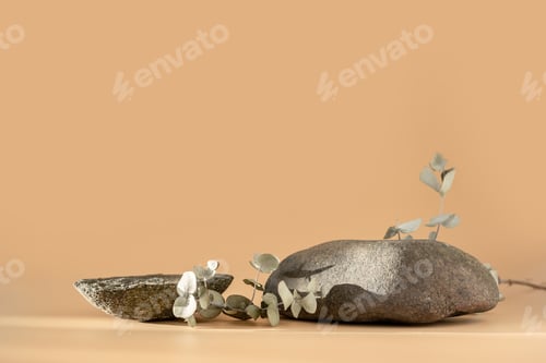 Preview: Natural stone stand for presentation and exhibitions on pastel beige background. Still-life