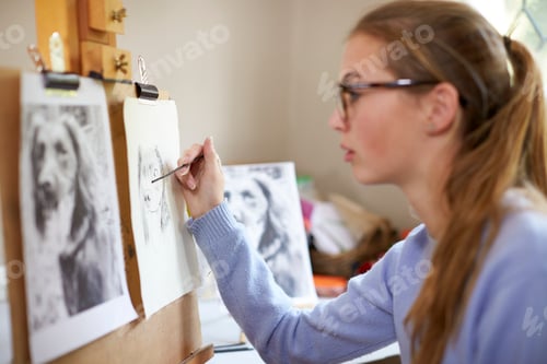 Preview: Close Up Of Female Teenage Artist Sitting At Easel Drawing Picture Of Dog