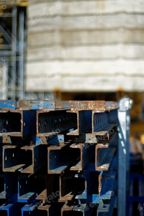 Preview: A closeup of rusted metal profile pipes of rectangular shaped
