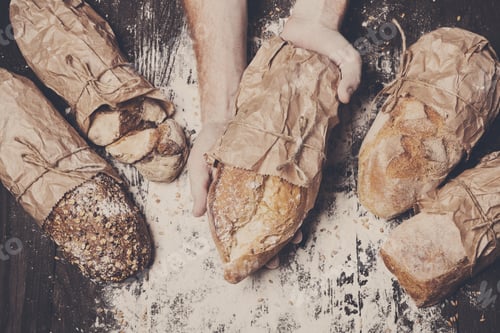 Preview: Bakery concept background. Hands hold bread loaf