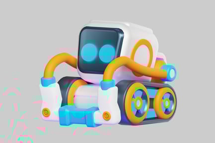 Preview: A white robot with orange arms, blue eyes and wheels.
