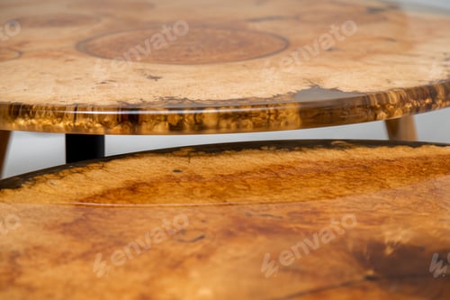 Preview: Closeup of two epoxy resin round tables white background