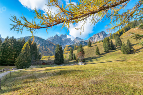 Preview: Gorgeous view of mountains and valleys with larch forest and wonderful sky are located in Filzmoos