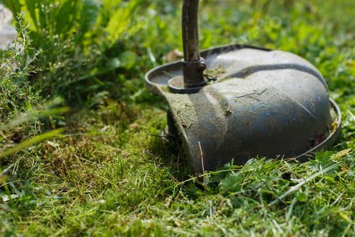 Preview: a man mows grass with a trimmer outdoor