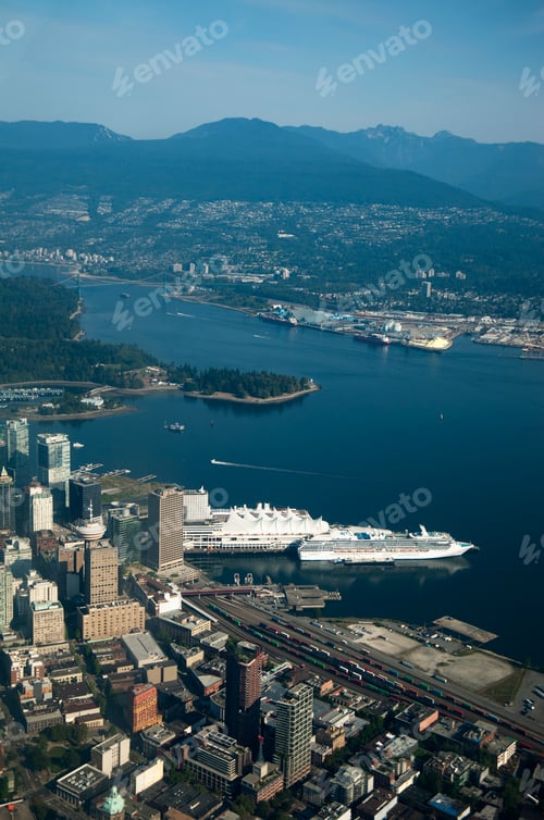 Preview: Aerial view of river and Vancouver cityscape, British Columbia, Canada