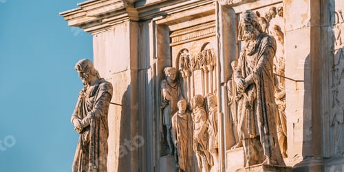Preview: Rome, Italy. Details Of Arch Of Constantine. Statue And Bas-relief On Facade Of Triumphal Arch