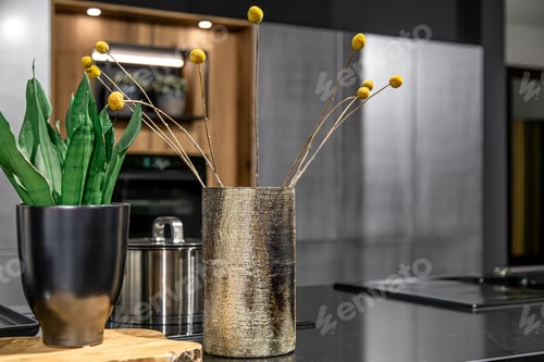Preview: Decorative shiny vase in the interior of a modern kitchen.