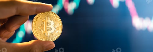 Preview: Bitcoin coins in hand in front of the computer