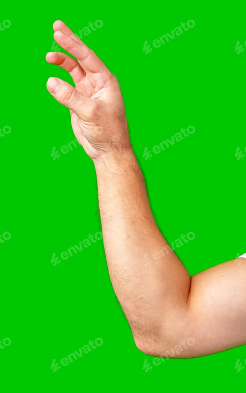 Preview: human arm gesturing with raised fingers against a bright green backdrop