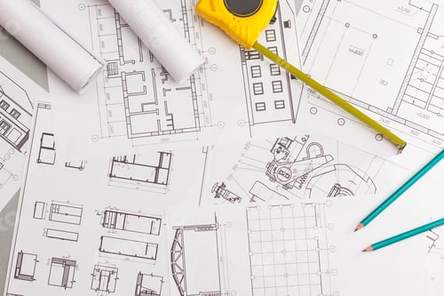 Preview: Architectural plans, pencils and ruler, Blueprin non coopyligth