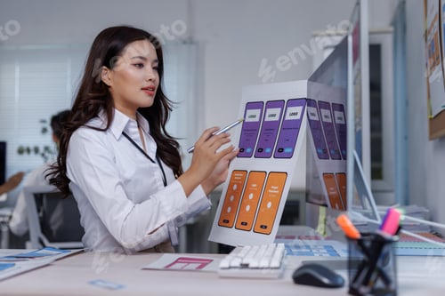 Preview: Woman presenting mobile application user interface design concept