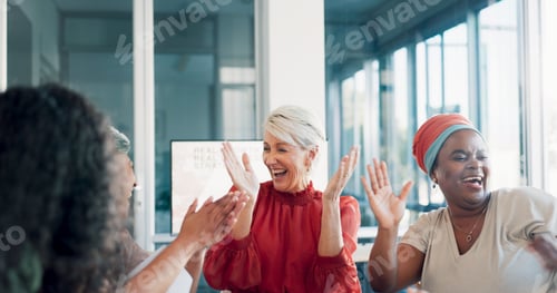 Preview: Business people, applause and winner, high five and support, team solidarity and celebrate meeting