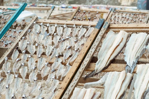 Preview: Dried fish in the open air. Traditional seafood drying in the fishing village of Nazare on the