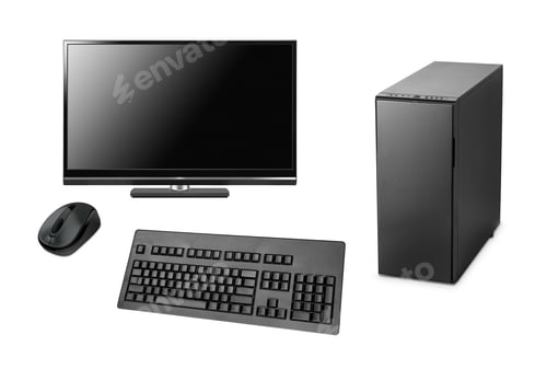 Preview: black computer with case, keyboard and mouse