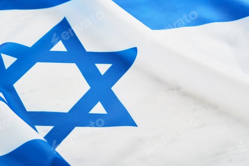 Preview: Independence Day of Israel. National Israel flag with star of David over white wooden background. Cl