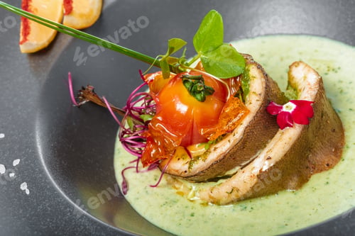 Preview: fish fillet with sauce baked and decorated