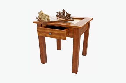 Preview: Chessboard and pieces on wooden table with drawers