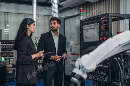 Preview: Robotic supervisor discuss with technical specialist from various department on strategic planning