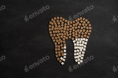 Preview: Sugar destroy tooth enamel leads tooth decay Sugar cubes form tooth on black background
