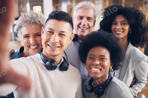 Preview: Call center, men and women in friends selfie with smile, diversity and happiness for teamwork. Asia