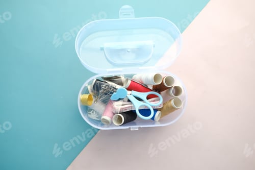 Preview: Tools and accessories for sewing on color background