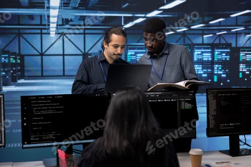 Preview: Diverse team of engineers in data center looking for firewall misconfigurations