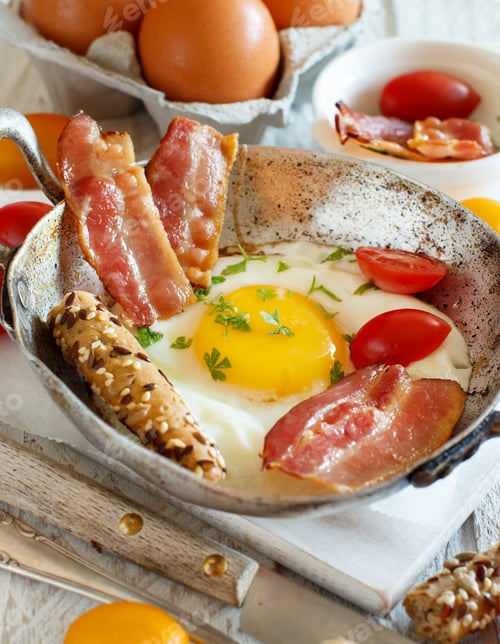 Preview: Breakfast with fried eggs and bacon - Continental breakfast