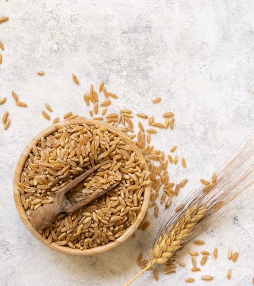 Preview: Bowl of raw dry rye grain with a wooden spoon on white table top view