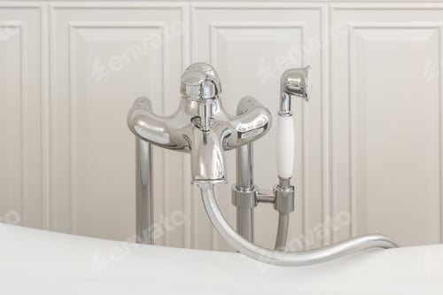 Preview: detail of a corner shower cabin with wall mount shower attachment