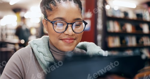 Preview: African, woman and smile with tablet in library for research information, university news and study