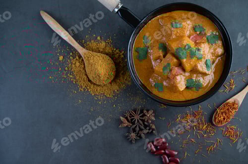 Preview: Massaman curry in a frying pan with spices on the cement floor