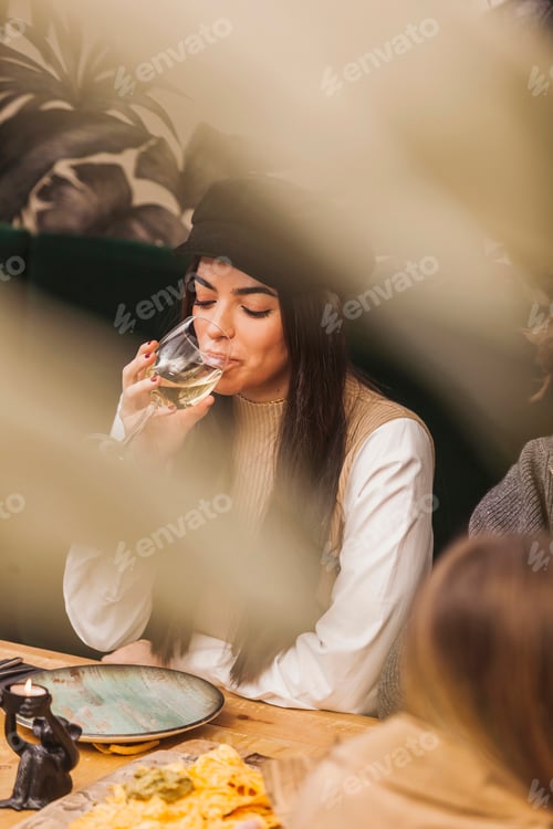 Preview: Cheerful stylish woman drinking wine during dinner with friends at restaurant