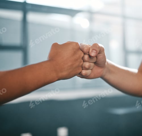 Preview: Hands, fist bump and team fitness motivation for collaboration success, greeting or team building i