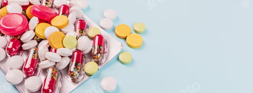 Preview: Mockup with assortment of drugs on blue background. Medical insurance and treatment during covid-19