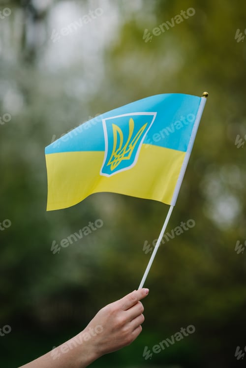 Preview: Ukrainian yellow and blue flag flutters in wind outdoors. A woman hand holds a flag on rally.